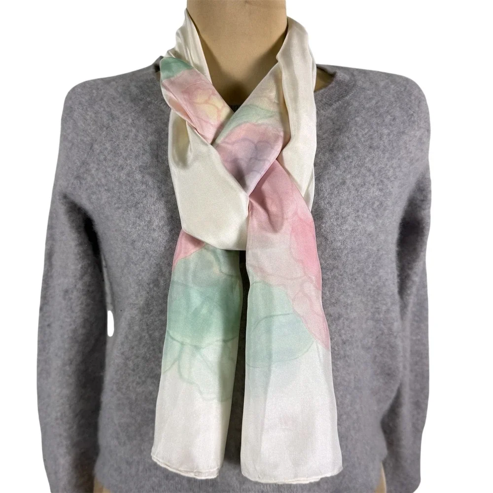 Vintage Hand Painted Silk Scarf B. Malloy Pastel Floral‎ Signed Hand Rolled Hem